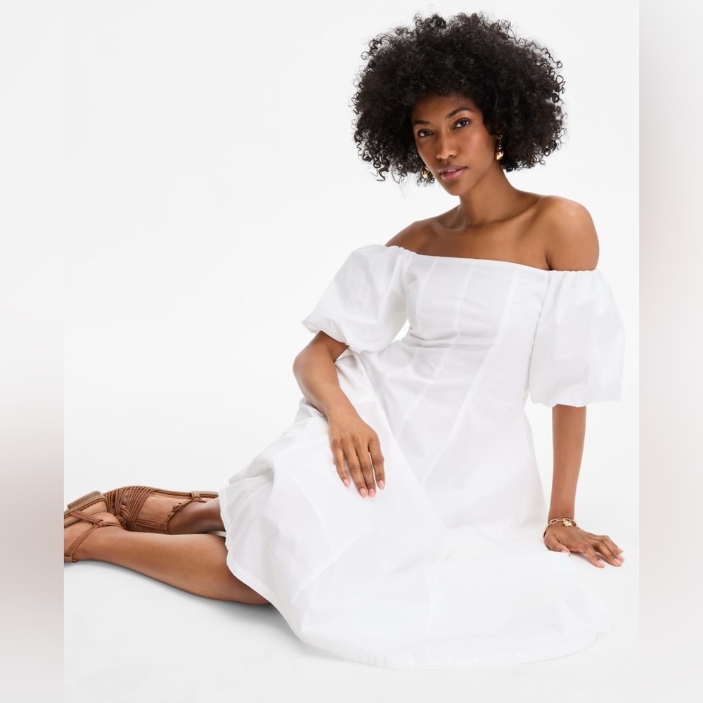On 34th Women's Off-The-Shoulder Puff-Sleeve White Midi Dress - Picture 2 of 10